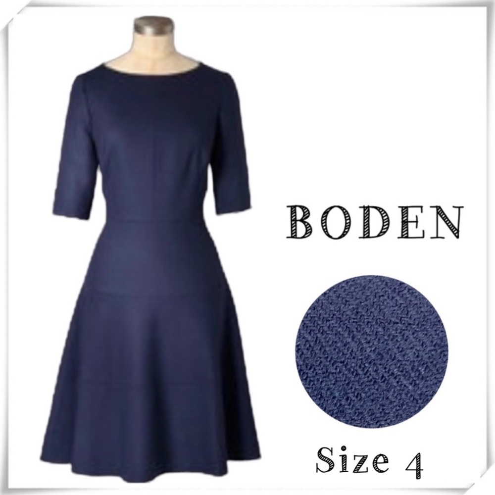 BODEN Quarter Sleeve Wool Skater Classic Dress in Navy Blue Size 4R